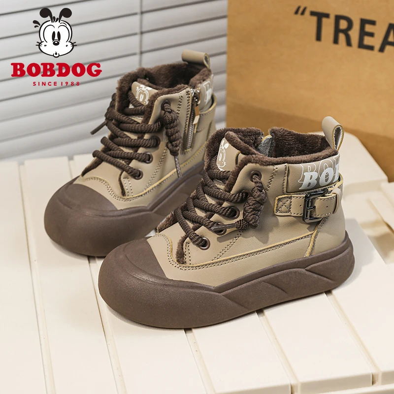 Bobdog/巴布豆冬季面包底高帮儿童加绒运动童鞋2024靴女童高帮鞋