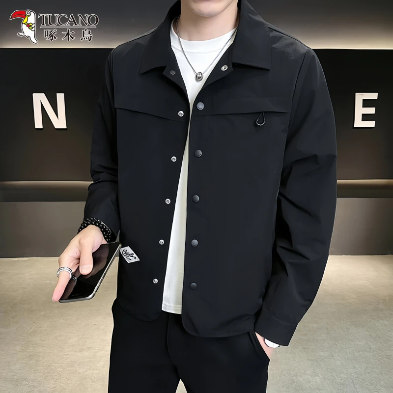啄木鸟春秋季新款衬衣式工装外套男士薄款简约百搭高级感翻领夹克