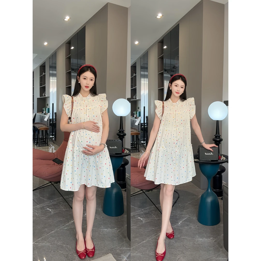 孕妇装连衣裙2025夏季新款韩版波点小飞袖连衣裙女褶皱层层蛋糕裙