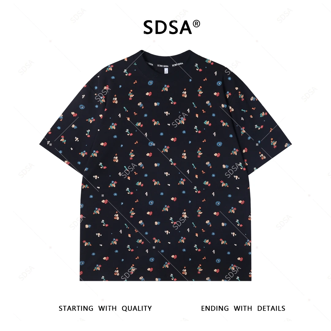 夏季高级感新款男士简约满印花卉印花圆领短袖T恤宽松时尚上衣潮