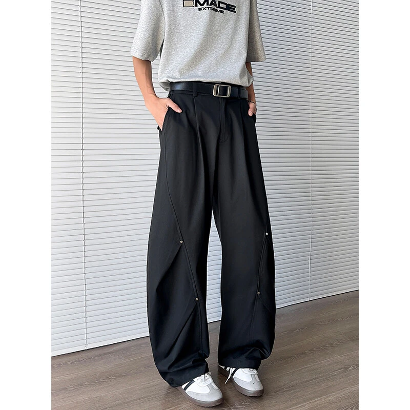 美式高街褶皱弯刀工装裤男夏季重磅潮牌vibe高腰宽松休闲拖地长裤