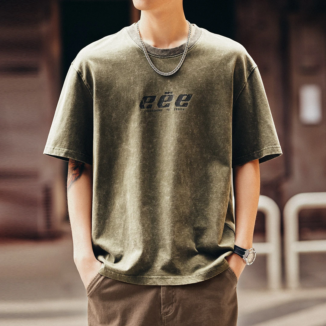 格蓝鹿美式重磅复古水洗字母印花短袖t恤男夏季新款宽松圆领体恤