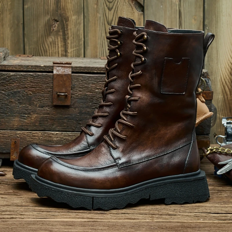 高筒靴水染牛皮 25cm冬季男士时尚英伦厚底真皮系带长筒靴E132