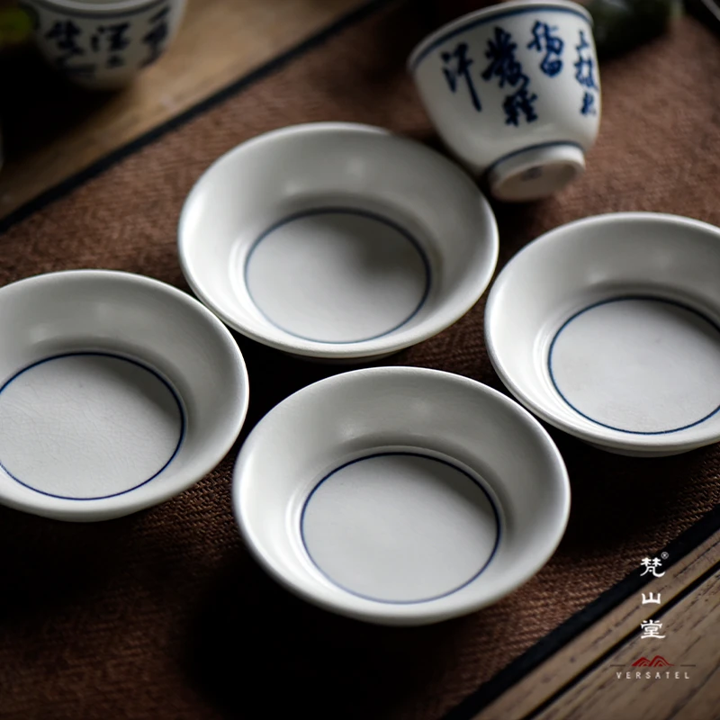 景德镇FST陶瓷白泥开片圆形主人杯茶托杯垫套装4片装复古手绘