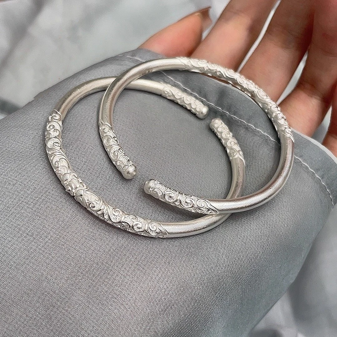 足银手镯 足银999唐草纹金箍棒手镯女新中式轻奢小众银镯子