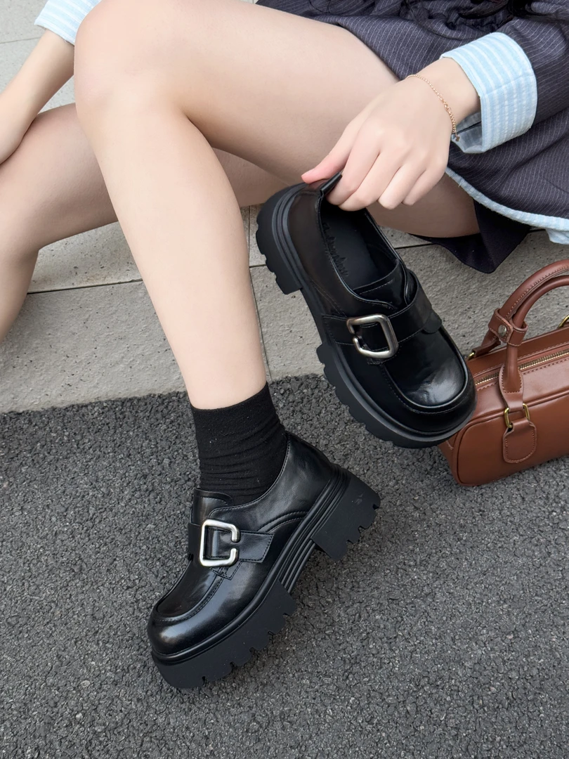 2025春季新款真皮女英伦风乐福鞋厚底百搭时尚粗跟99-501