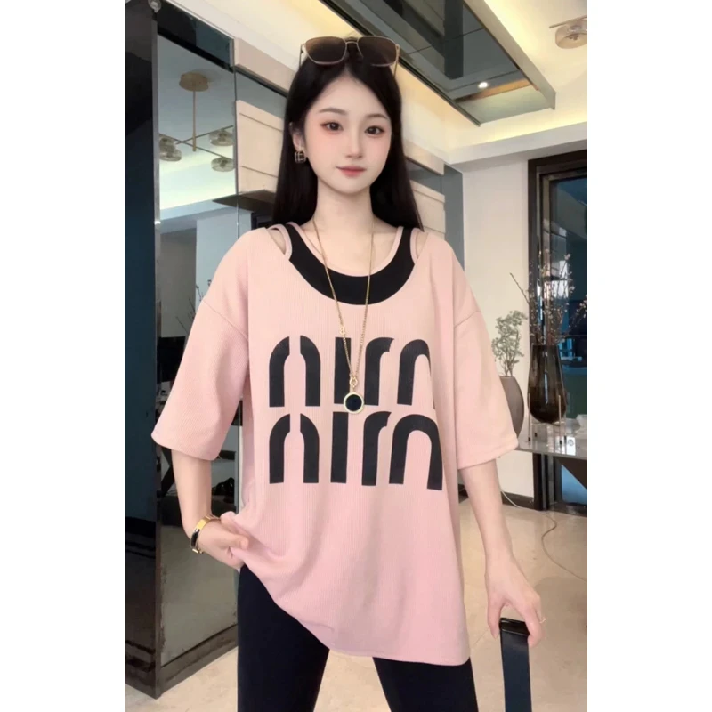 【现货送运费险】夏季新款中长款短袖T恤女假两件双肩镂空休闲宽松