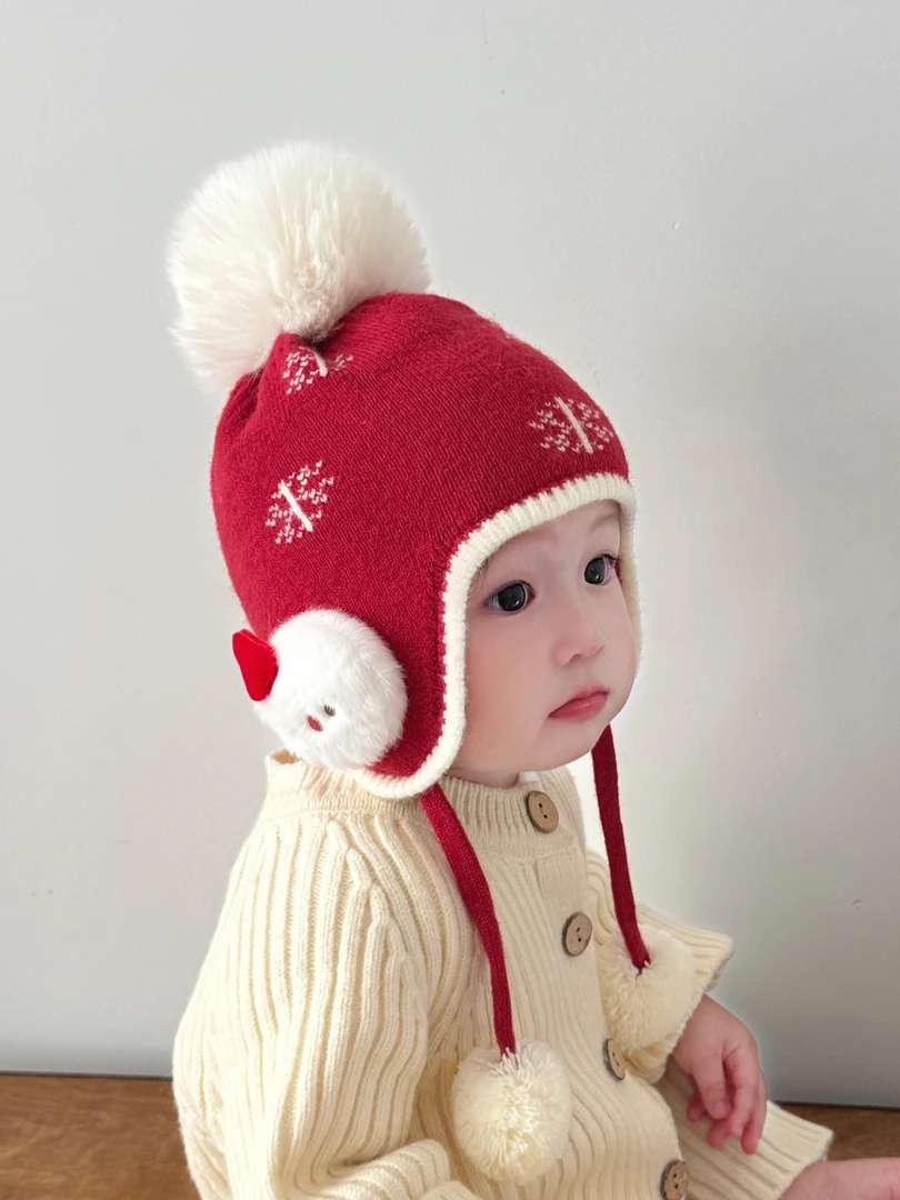 婴儿帽子秋冬季宝宝毛线帽儿童红色针织帽女童护耳婴幼儿冬季加厚