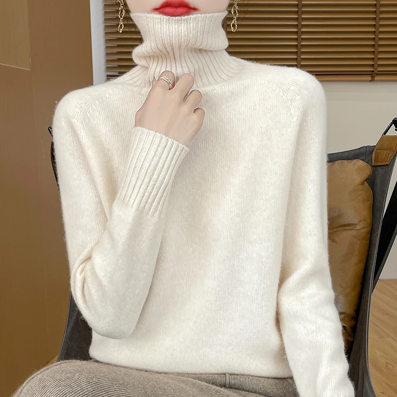 双股加厚100%纯羊毛高翻领女一线成衣无缝宽松显瘦针织百搭打底衫