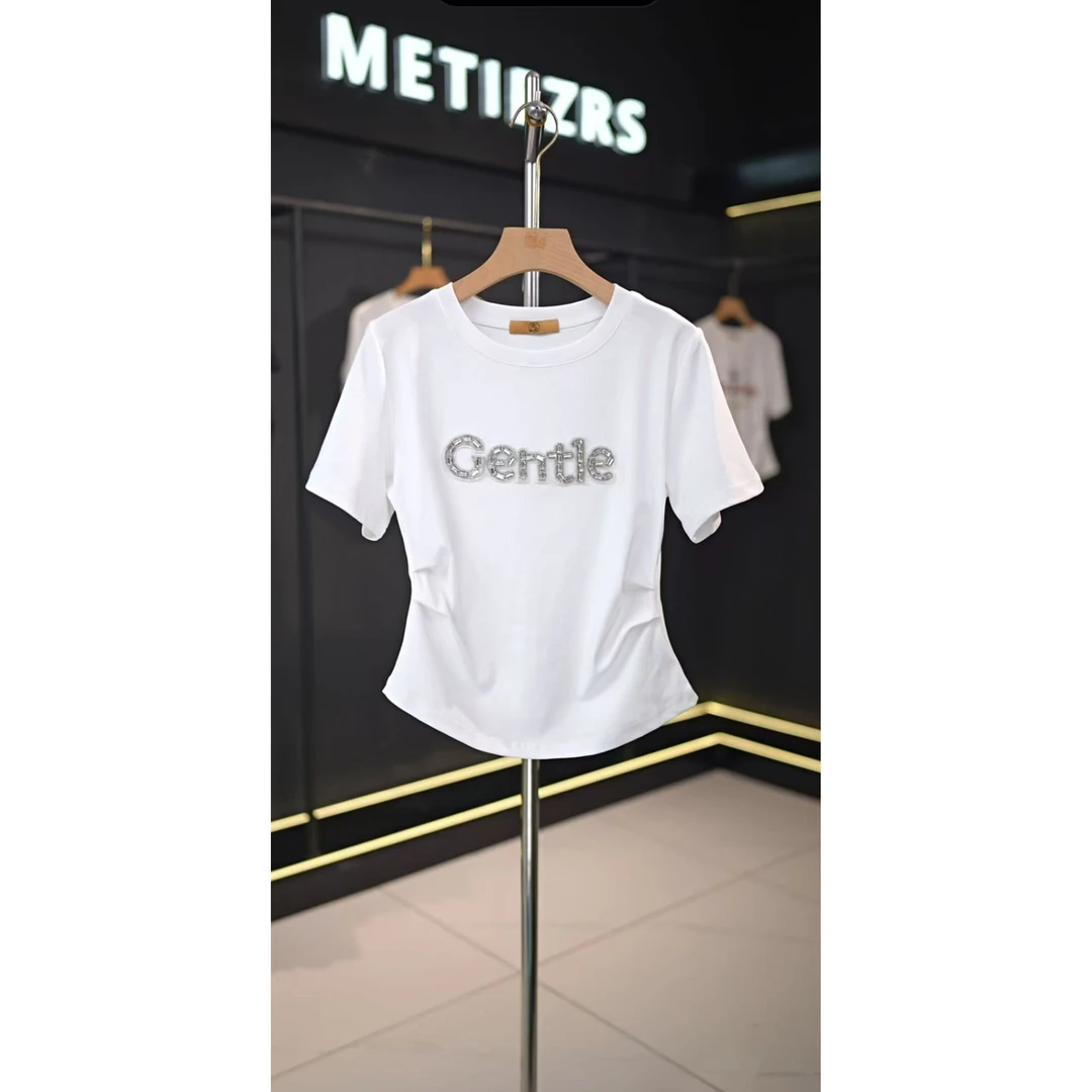 新款气质瘦腰捏褶花朵印花短袖T恤Q25BT2273