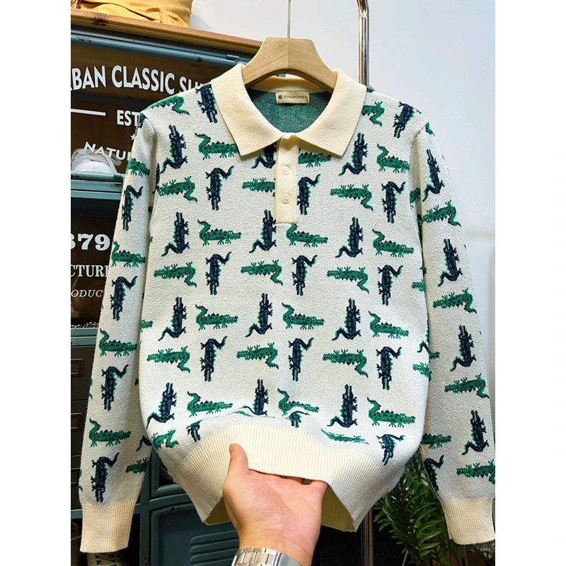 DeweLvum休闲翻领提花针织毛衣男时尚百搭高端修身长袖polo衫男士