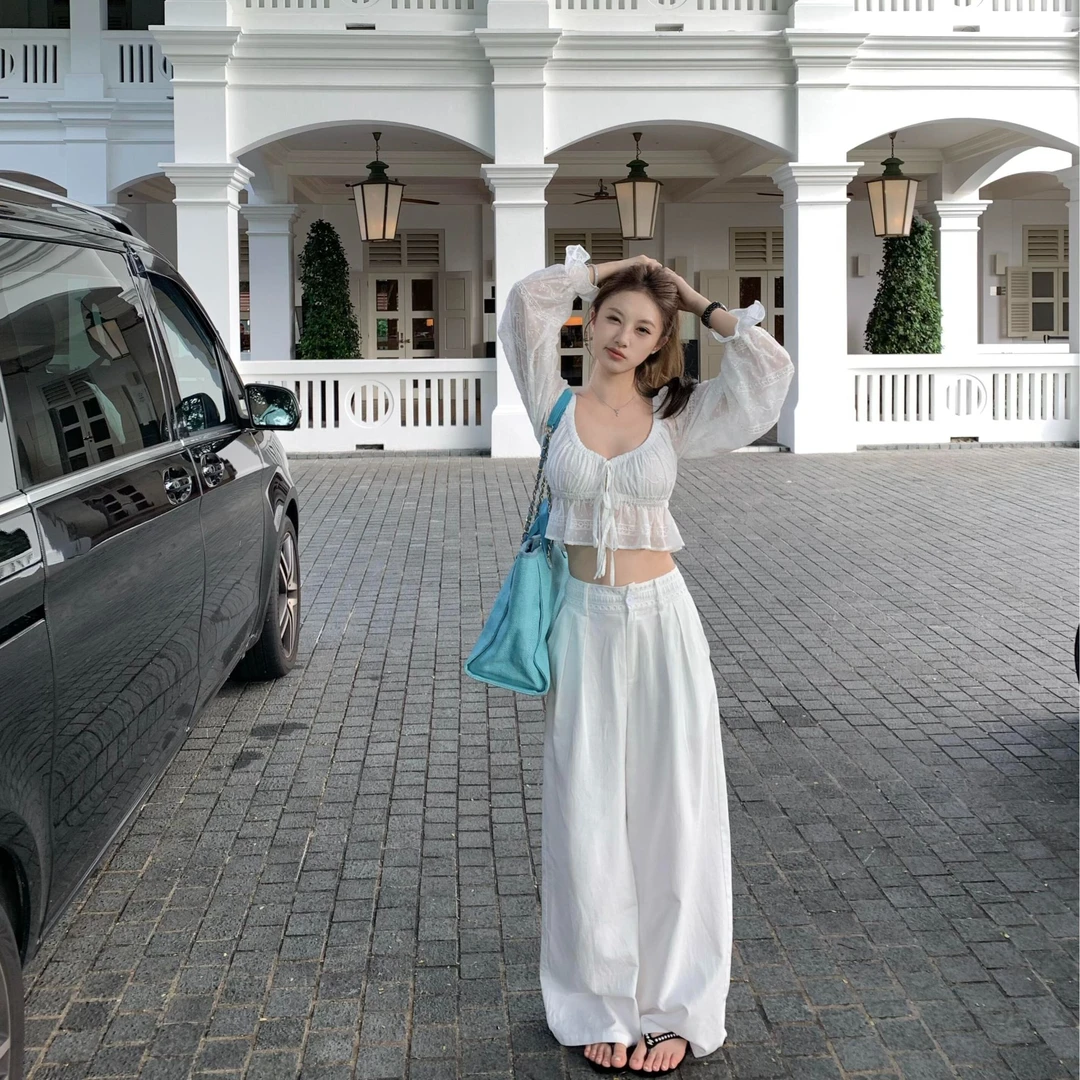 常规款显瘦防晒泡泡袖甜美白色高腰短款休闲百搭夏季宽松直筒薄款