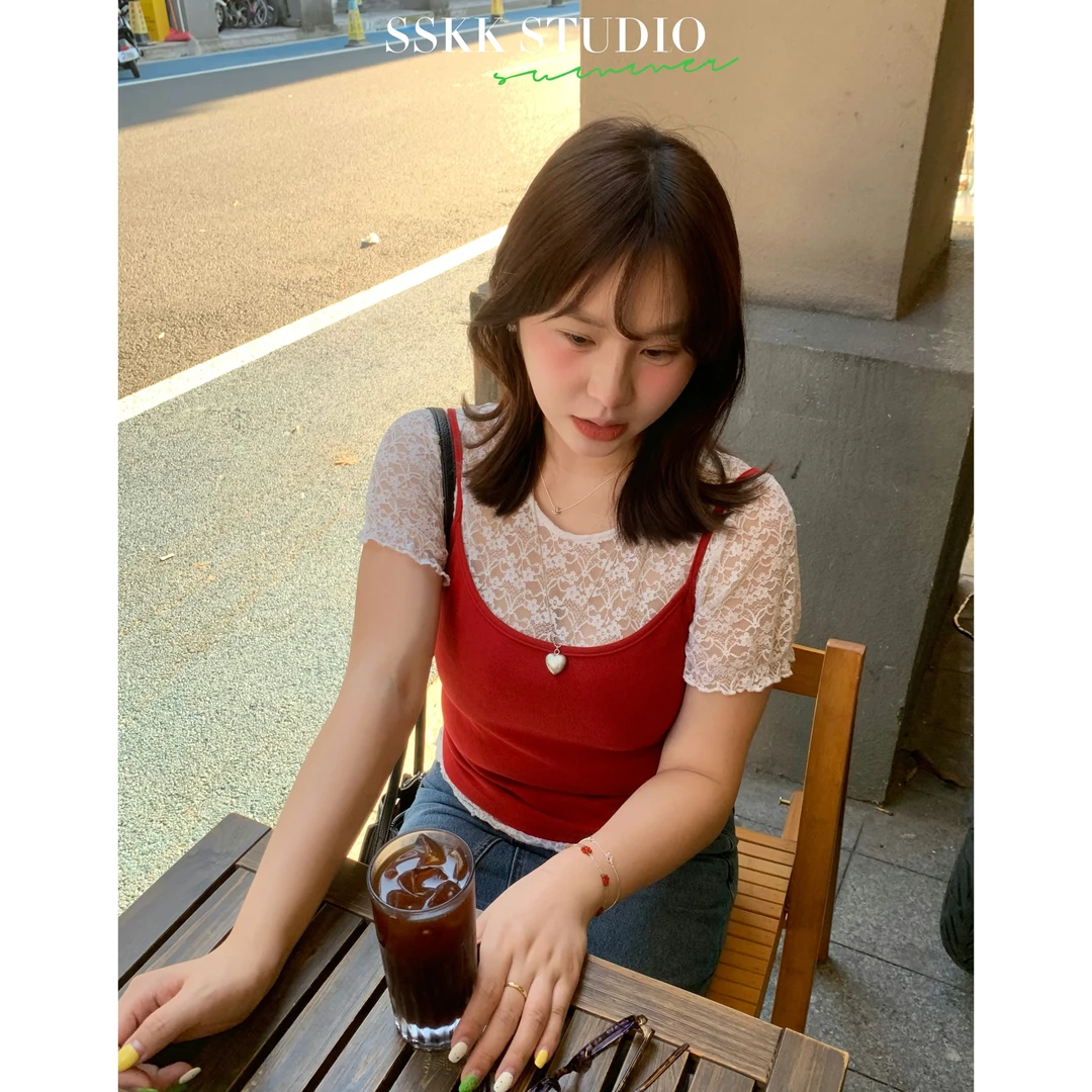 KMZY/KMZY山_山【轻韩日常】微胖mm韩系蕾丝内搭+红色吊带真两件套