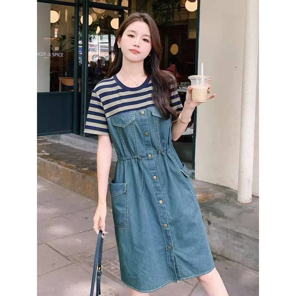 条纹圆领拼牛仔连衣裙ZBL33585裙长96（卡码往小拍）
