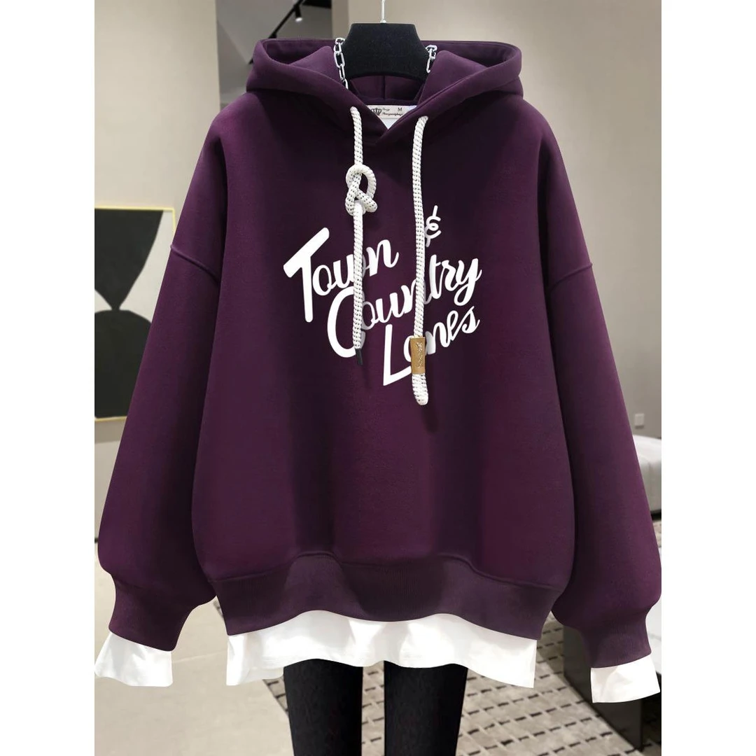 韩版假两件酱紫色连帽卫衣女加绒加厚2025新款春秋冬小众字母外套