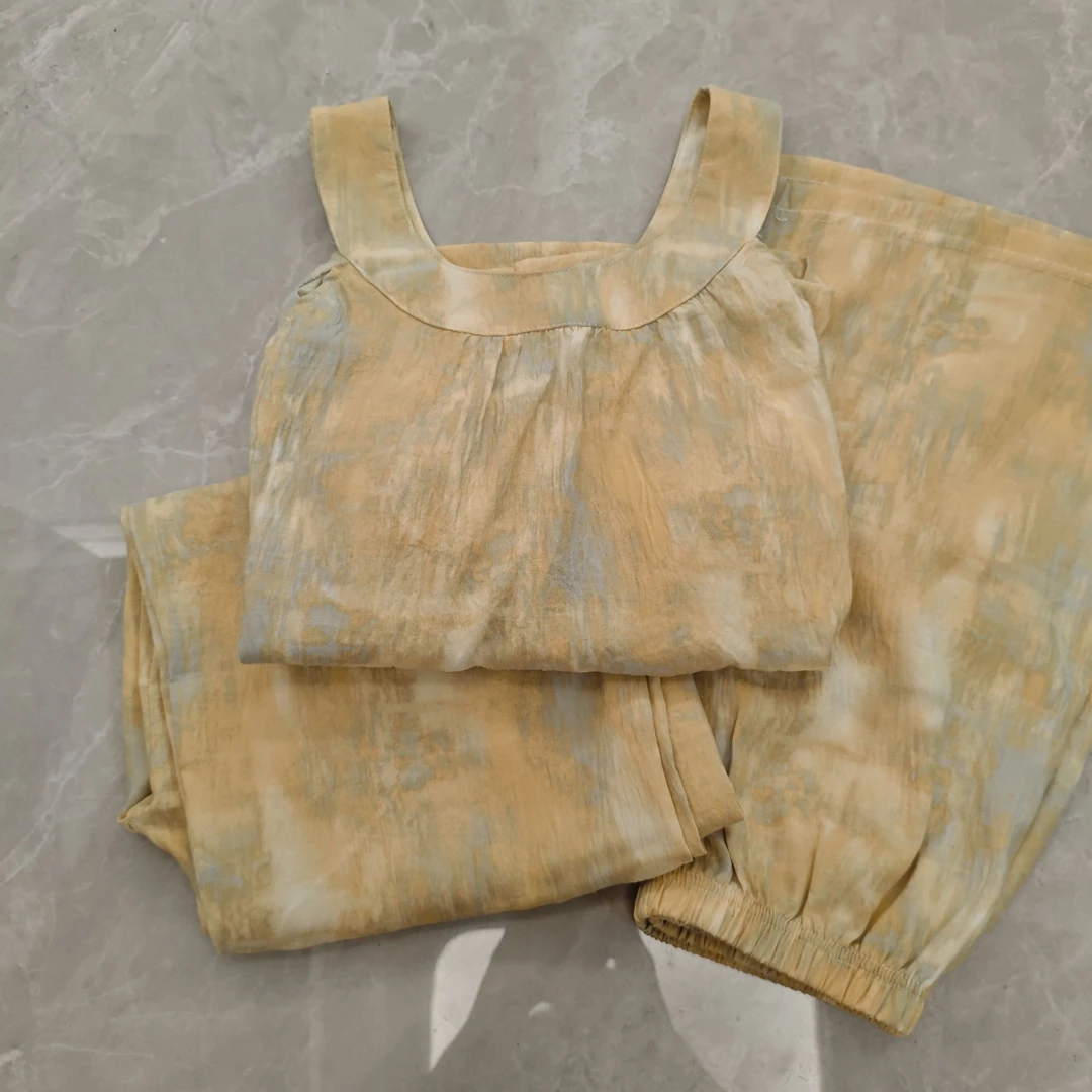 无袖家居服套装不起球夏季碎花女短裤睡衣三件套带胸垫