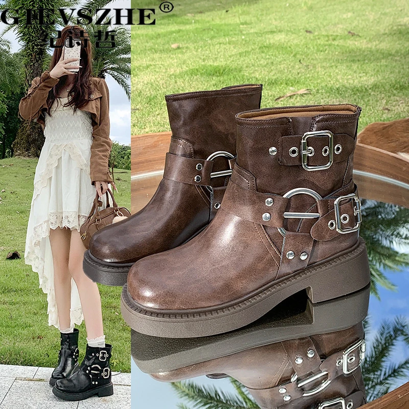 纪诗哲复古牛仔金属皮带扣短靴女2025秋季新款软皮中跟套筒靴女款