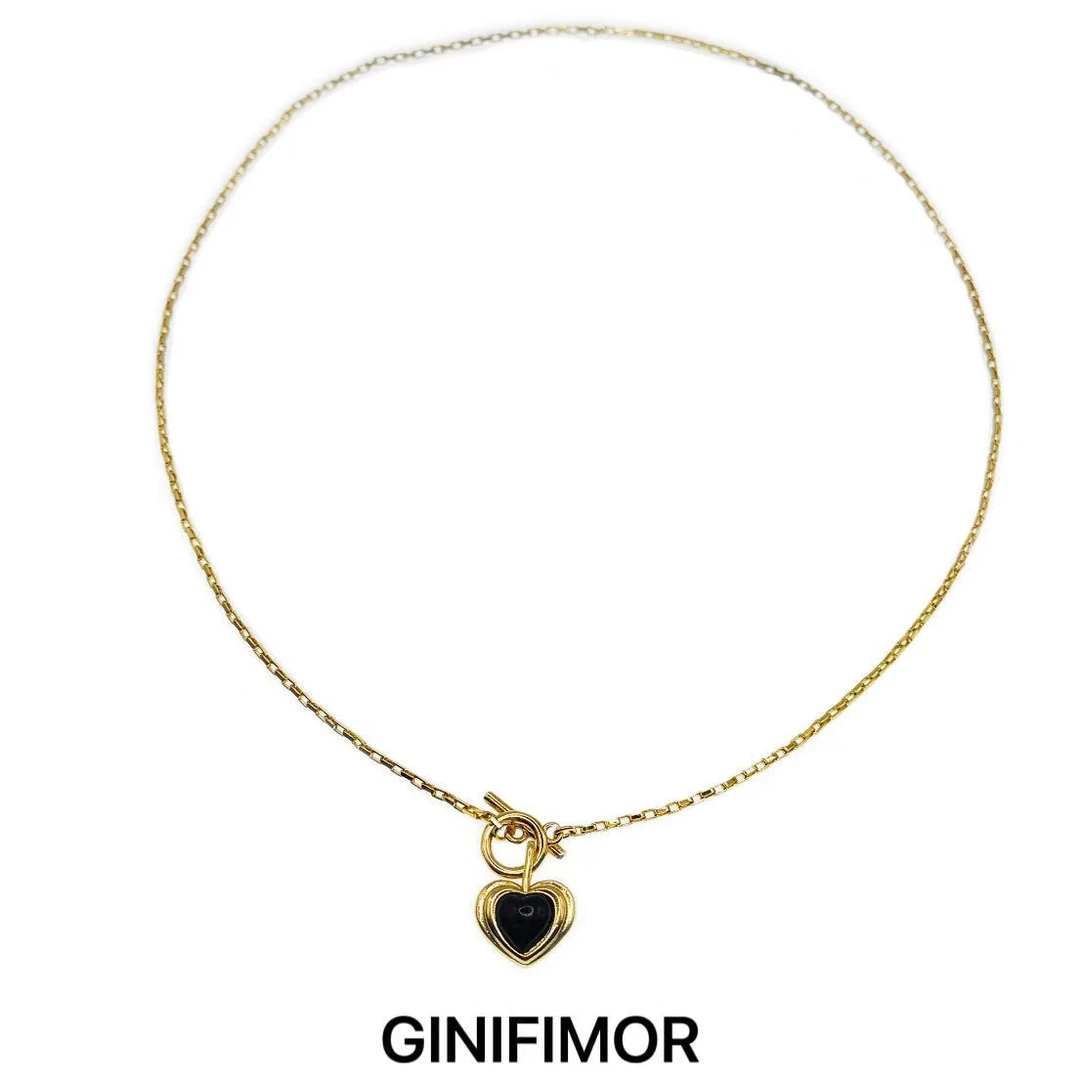 GINIFIMOR 铜合金项链 a690 复古独特设计黑色项链爱心OT扣锁骨链