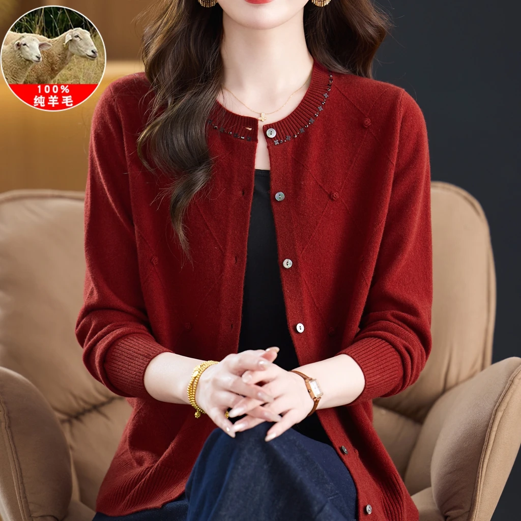 妈妈洋气羊毛开衫中老年人秋冬新款100%纯羊毛衫大码针织毛衣外套