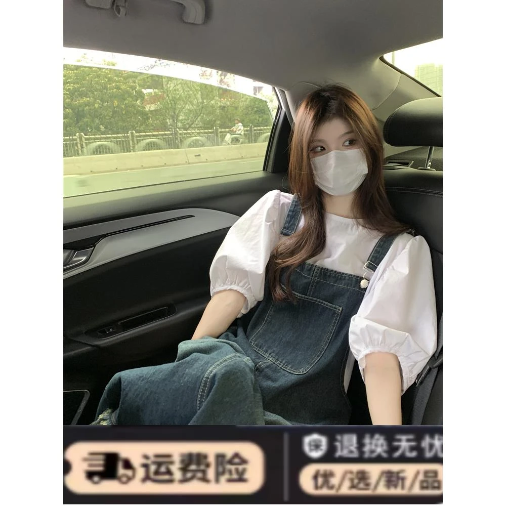 2024新款复古港味学院风连衣裙女夏季宽松显瘦茶歇裙牛仔背带裙潮