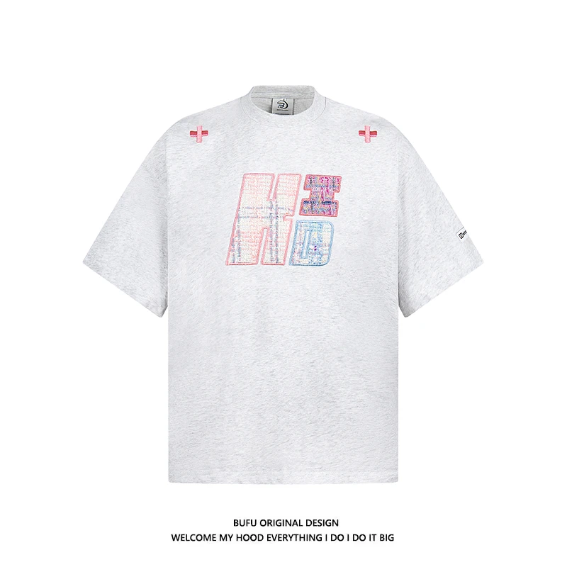 亿万少年BUFU美式复古奶甜刺绣短袖T恤男女夏季情侣装宽松上衣tee