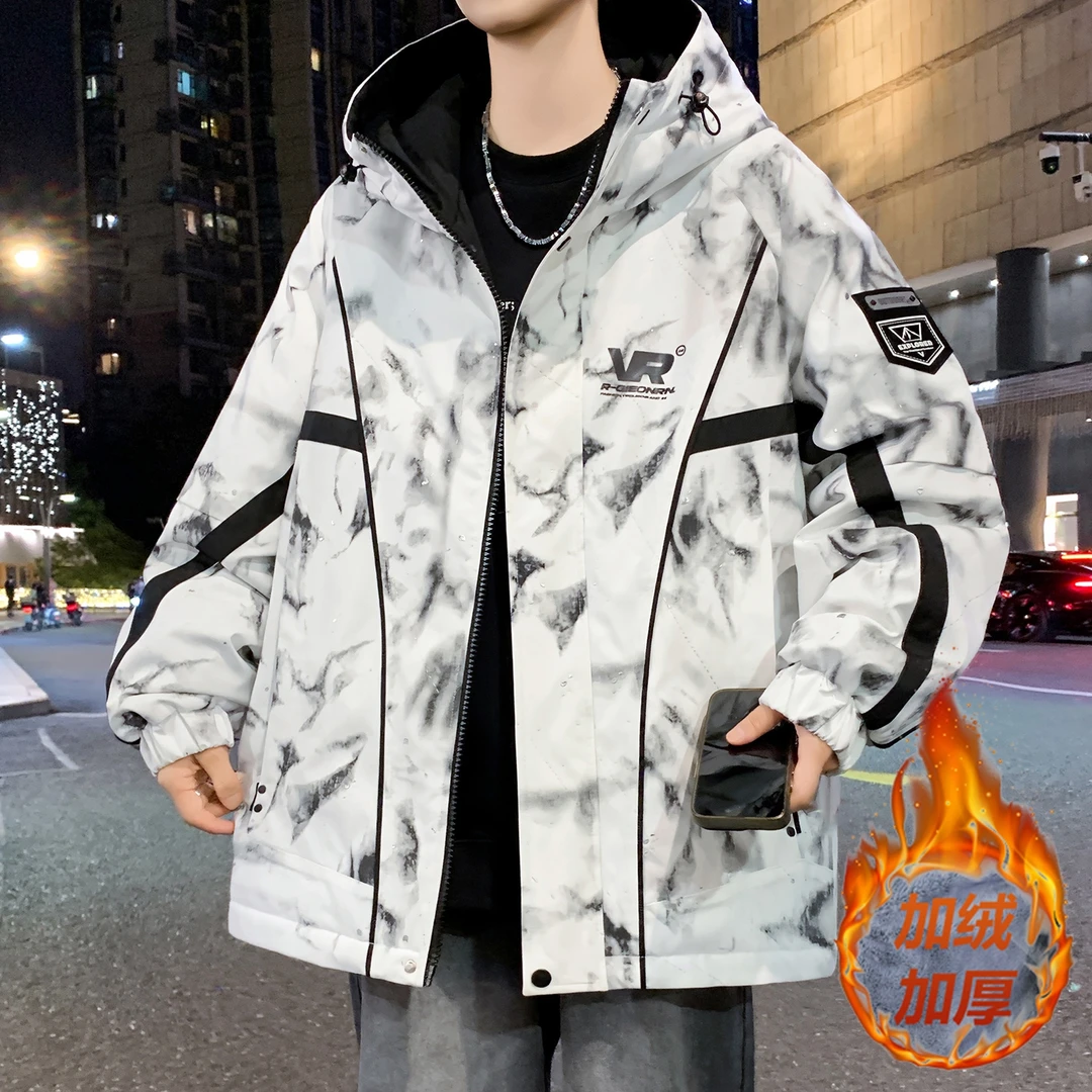 2025新品青少年保暖冬季工装加绒外套连帽宽松加厚冲锋衣夹克男