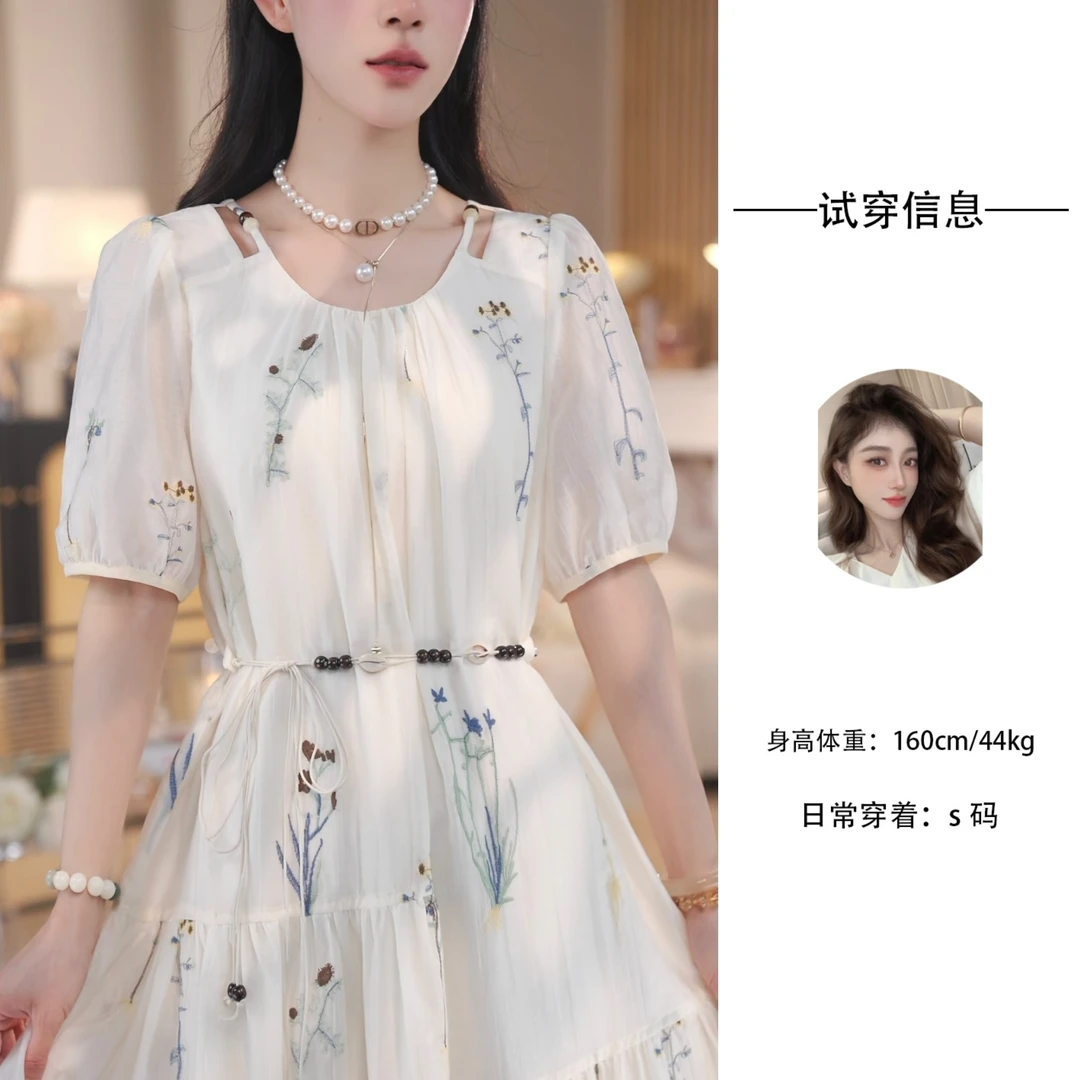 Nash/奈希【溯溪】(其余店铺均为仿版)法式新款天丝刺绣甜显瘦长裙A