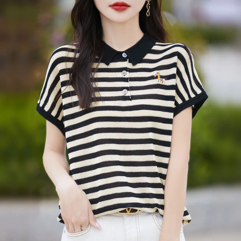 娃娃领短袖女条纹T恤韩版翻领飞飞袖刺绣短袖针织百搭夏季拼色