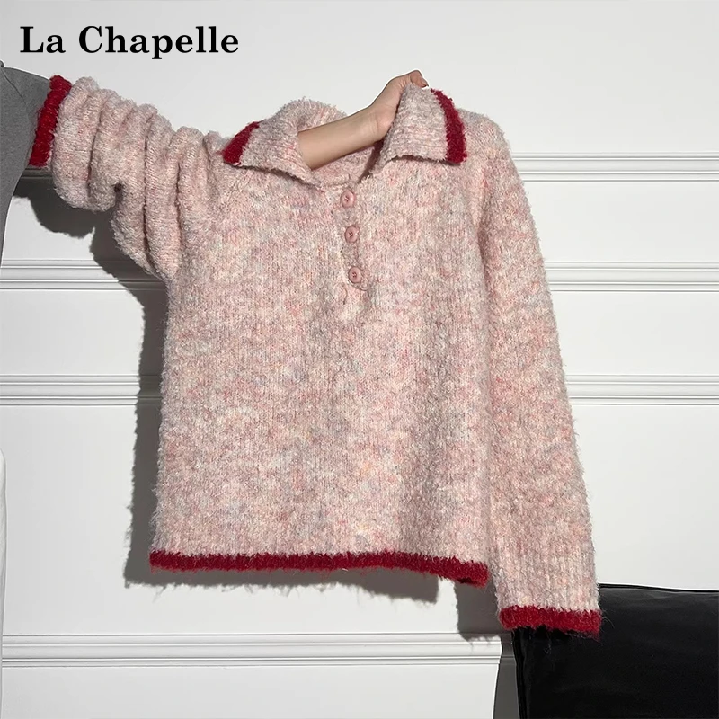 拉夏贝尔粉色POLO翻领加厚针织毛衣女冬季慵懒风宽松套头外穿上衣