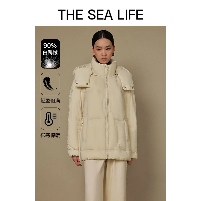 THESEALIFE欧海一生 连帽羽绒服女冬白鸭绒外套可拆卸帽子13252