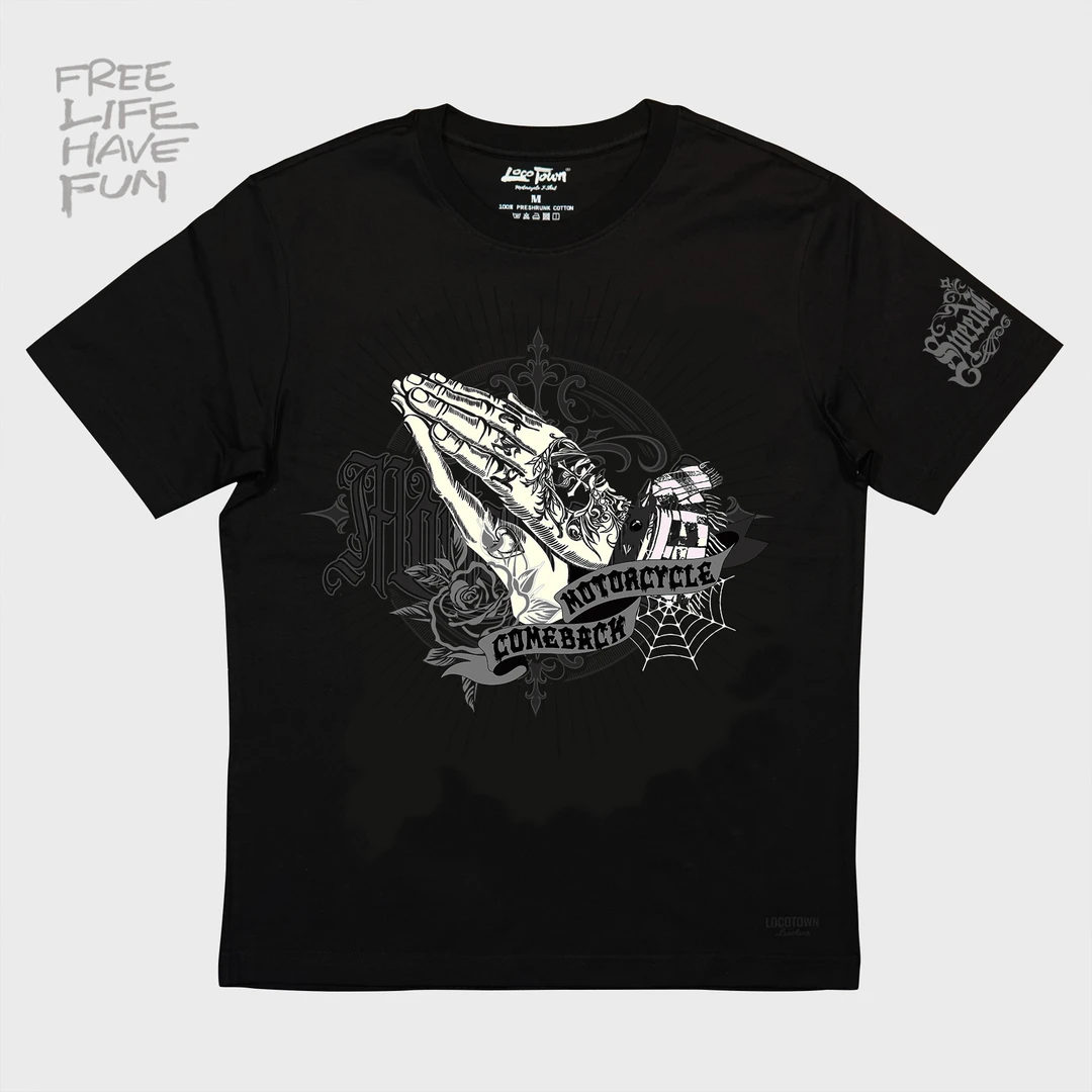 25年新款机车服饰机车合十虔诚纯棉T恤个性复古机车夏季男款