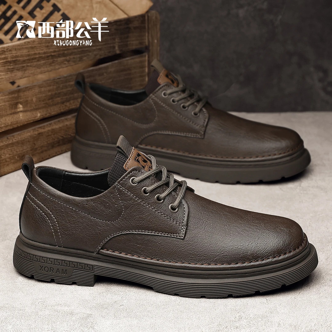 西部公羊秋冬爆款英伦风圆头纯色防水系带休闲皮鞋透气时尚男鞋