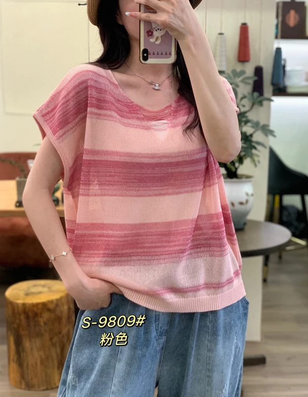 彩虹条纹短袖针织衫2025文艺复古设计感轻薄百搭宽松套头上衣9809