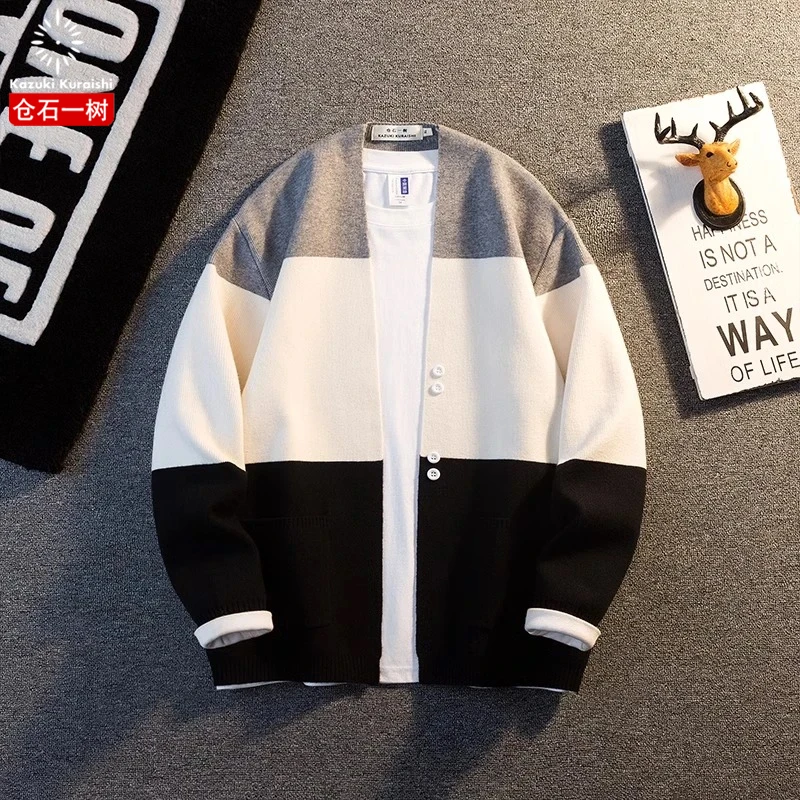 仓石一树撞色拼接男士韩版针织衫2025秋冬新款百搭时尚轻奢感外套