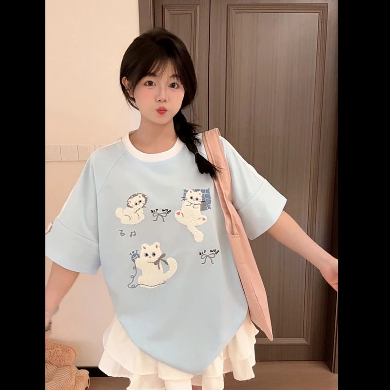 夏季新款动漫卡通小猫刺绣t恤男美式条纹百搭时尚休闲重磅半截袖