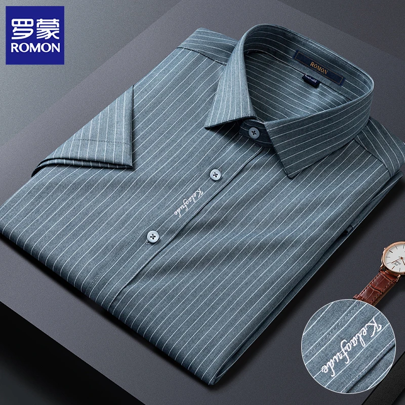 罗蒙高档竹纤维免烫细条纹衬衫男士夏季商务休闲抗皱薄款短袖衬衣