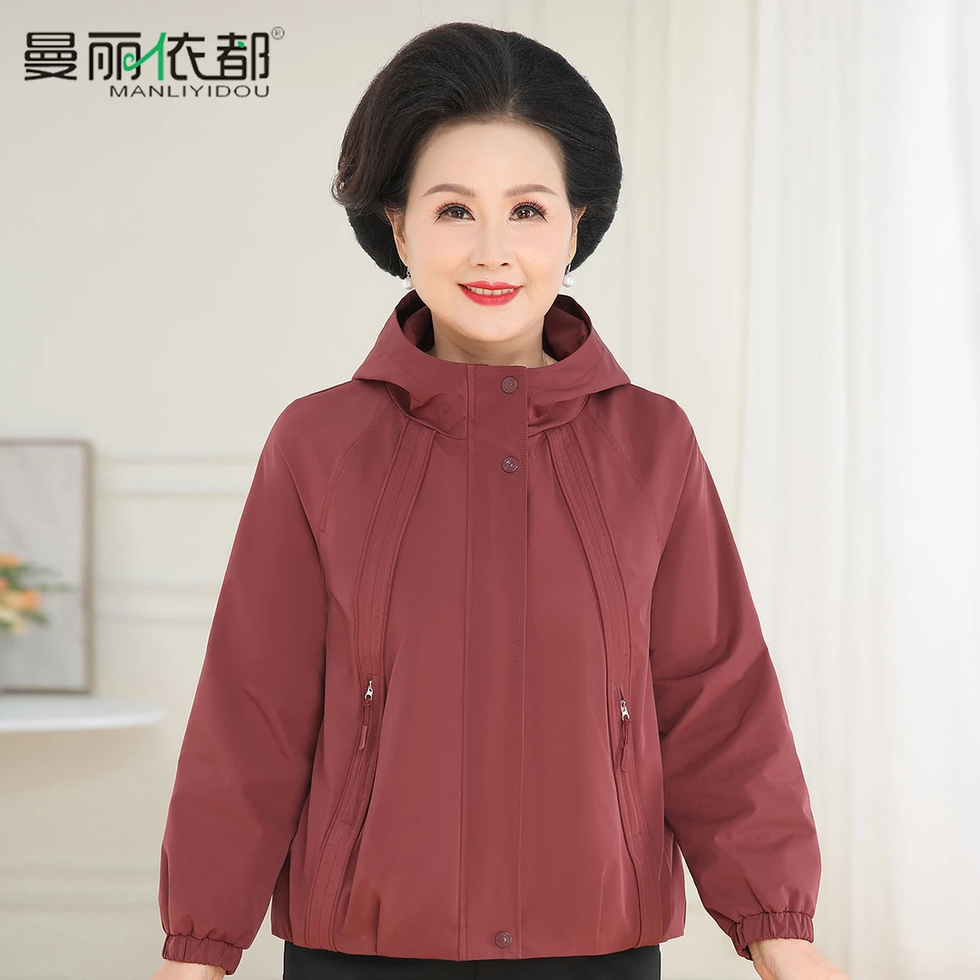 妈妈秋装风衣薄款外套纯色洋气中老年女春秋上衣老太太服装连帽