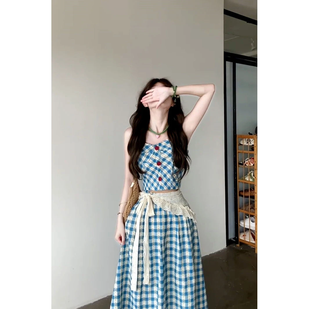 2025夏季新款小个子学院风蓝色格纹吊带连衣裙子女搭配半身裙套装