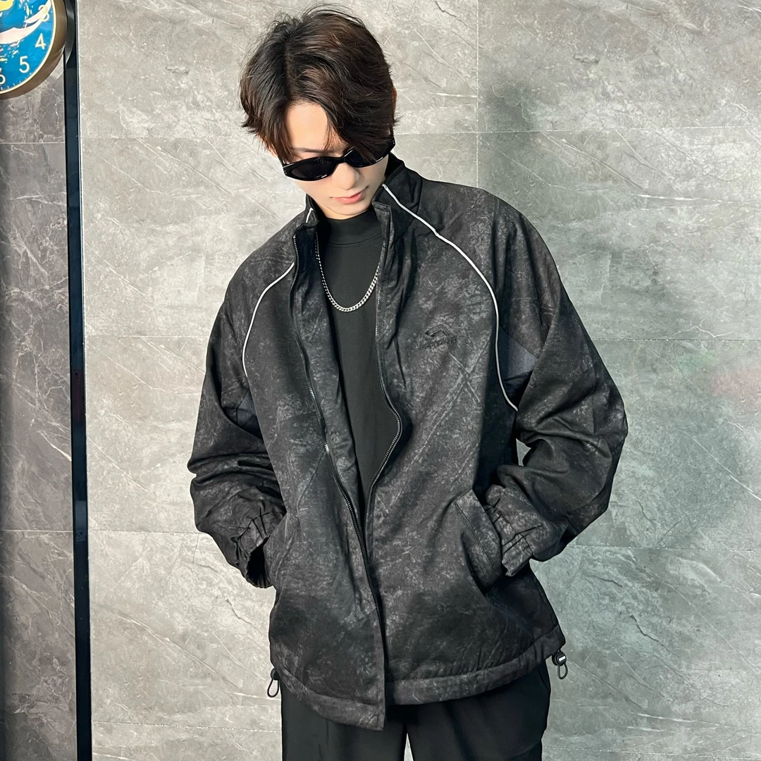 HKTY秋冬季新款美式复古扎染皮衣外套男高级感痞帅运动棒球服宽松