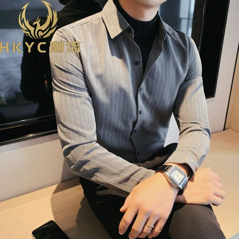 HKYC假两件修身条纹衬衫男秋冬拼接半高领针织衫休闲痞帅男士毛衣