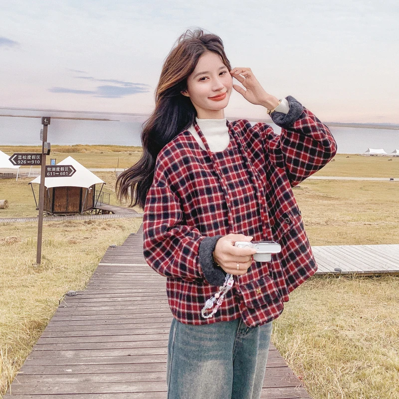 休闲加绒双面毛呢女短款2025新款感超好看加厚百搭圆领秋冬外套