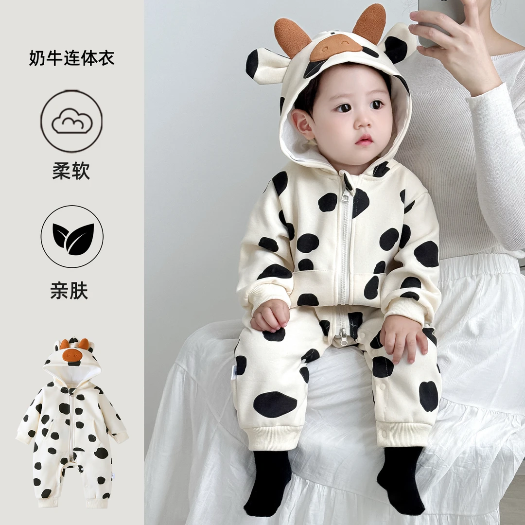 婴儿衣服奶牛连体衣秋季装款宝宝超萌哈衣小月龄外出服宝宝外出服
