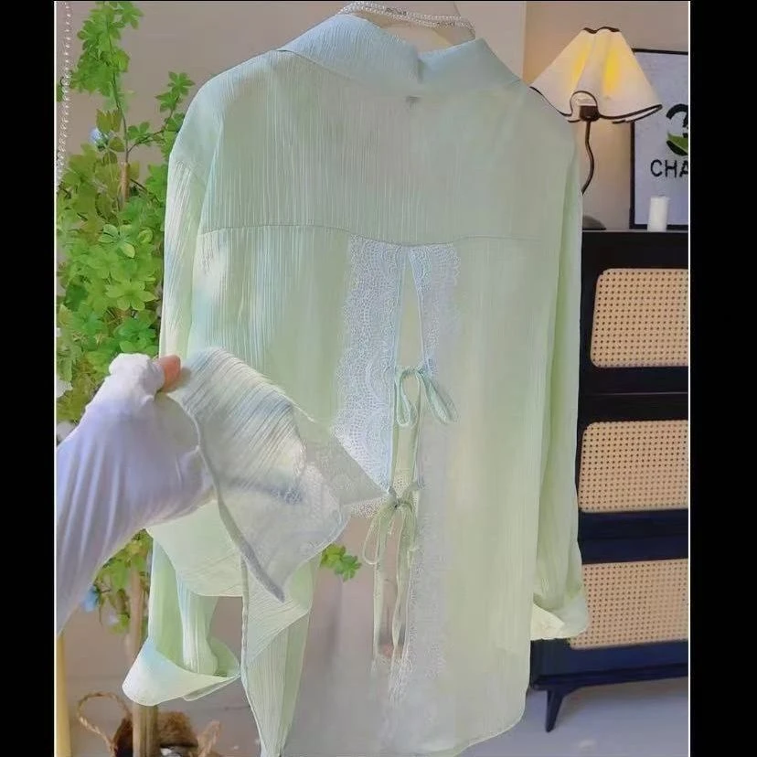 设计夏季后背开叉2025新款长袖中式防晒衬衫宽松系带衬衣薄款上衣