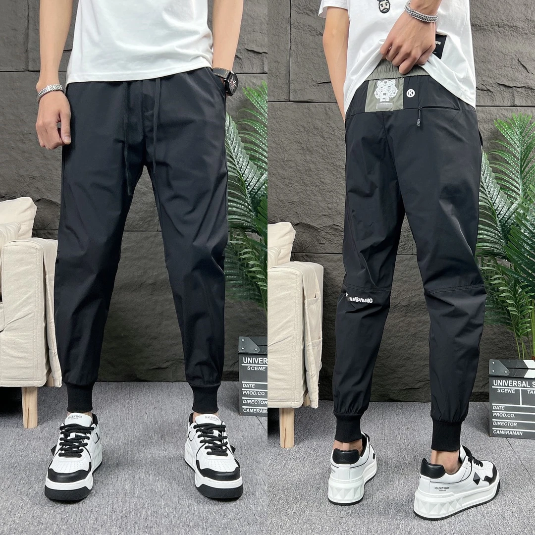 夏季新款速干拼接休闲裤男冰丝小脚锥形哈伦裤百搭青年运动九分裤