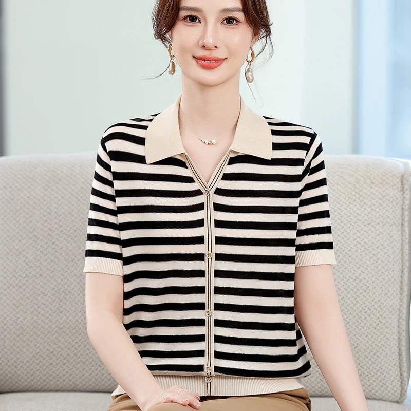 中老年女短袖T恤洋气中年妈妈夏装冰丝上衣高贵翻领50岁打底小衫