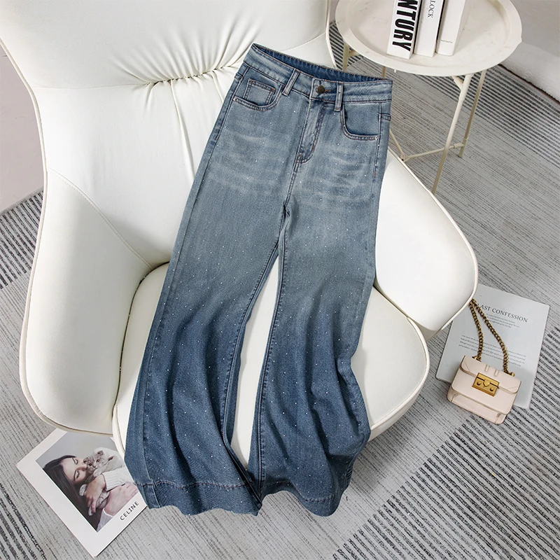 薄款莱赛尔天丝微喇高腰牛仔裤女2025夏季新款宽松镶钻阔腿喇叭裤