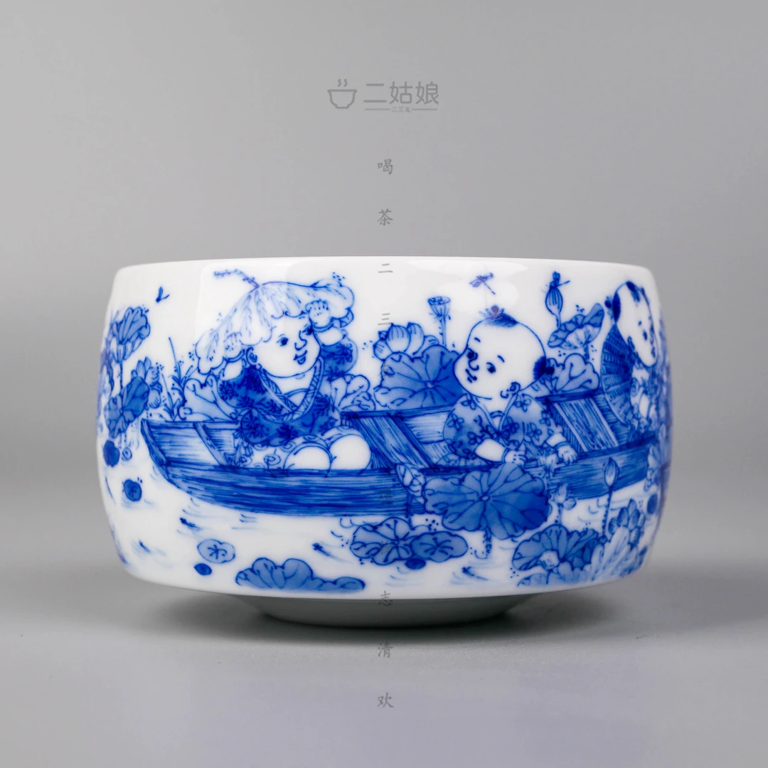 九段烧九段妙手青花荷塘童趣大禅定杯【景德镇全手工茶具172ml】