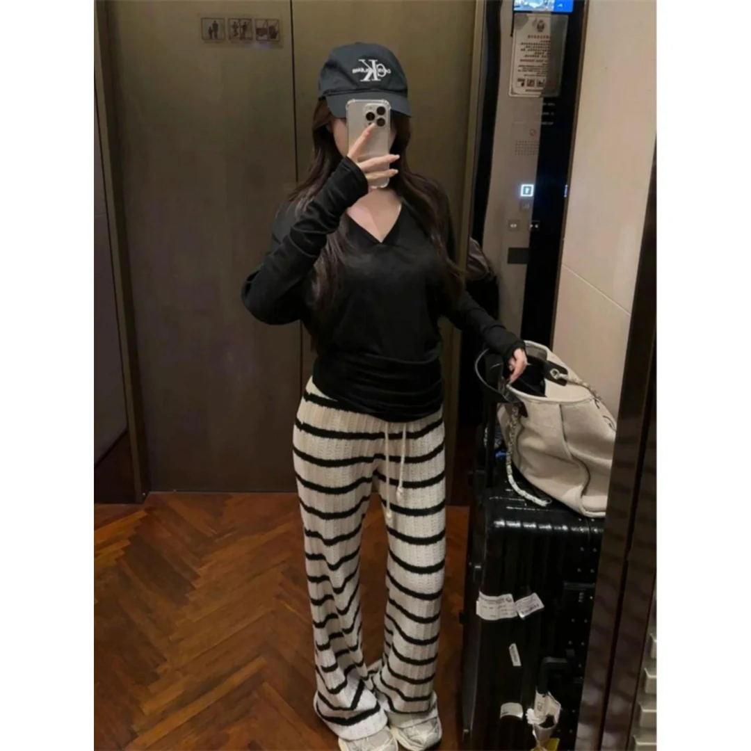 质感绝绝子！巨舒服的条纹针织阔腿裤女溜弯裤显瘦休闲裤子秋冬季