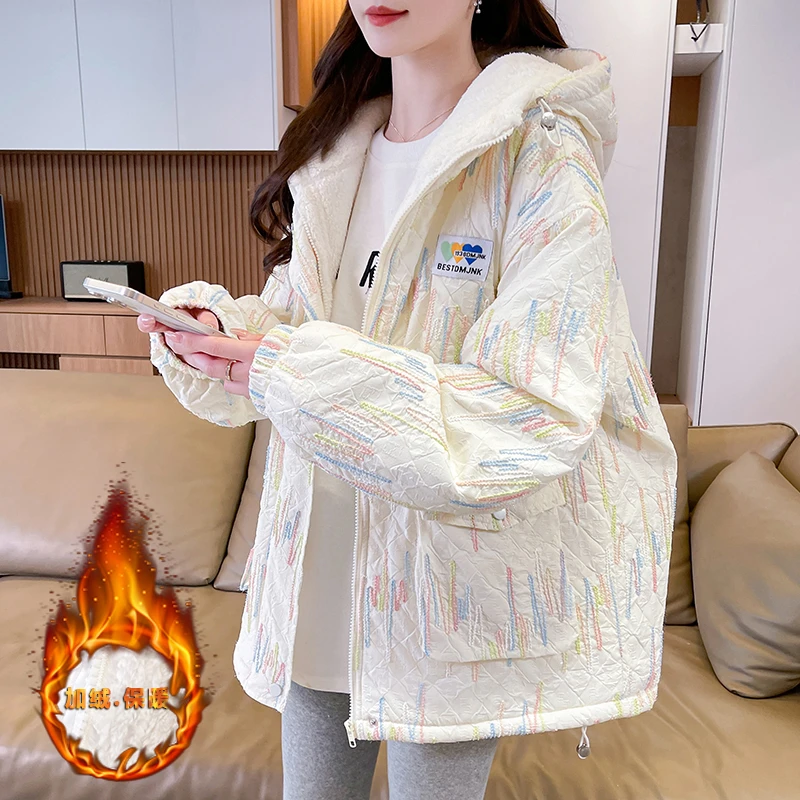 加绒加厚韩连帽外套棉衣女2025秋冬初高中学生设计感宽松休闲棉服