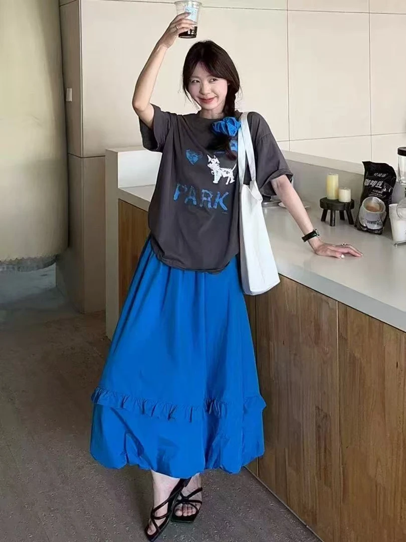 【公园狗狗】时尚卡通小狗印花宽松T恤花苞裙蓝色发圈三件套装女